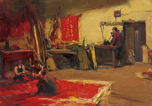 山村生产队办公室 油画 27×38cm 1976年 钟涵 （来源：中国美术馆官网）.jpg