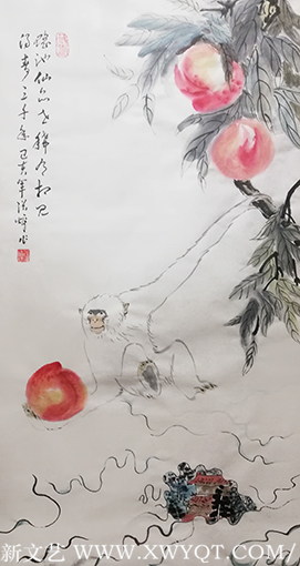 张焯作品《白猿献寿》规格：100cmX55cm 创作年代：2019年.png