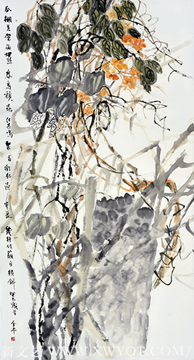 道金平作品《瓜棚豆架雨如丝》规格：90cmx180cm 创作年代：2013年.png