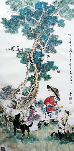 高健林作品《牧童嬉鸟图》规格：100cmx50cm.jpg
