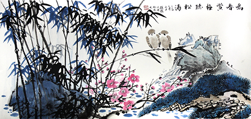 赵磊作品 《鸣春赏梅听松涛》规格：137cmx68cm.jpg