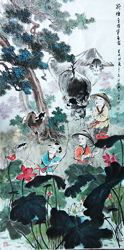 高健林作品1《荷塘牧童望甘霖》138x68cm.jpg