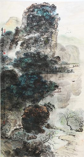 梁桂才作品《星岩烟雨》规格：196cmX98cm.jpg