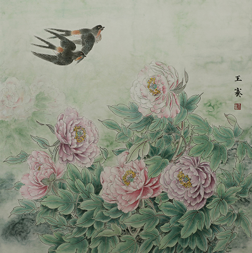 王赛作品《花香引来燕双飞》规格：64cmX64cm.jpg