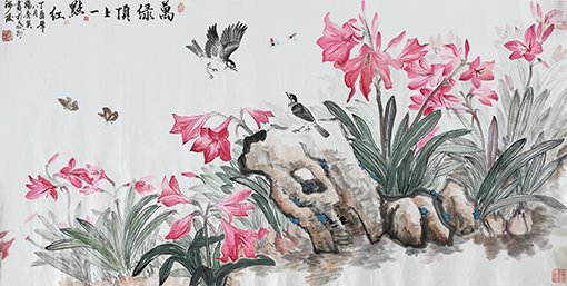 《万绿顶上一点红》69X136cm.JPG