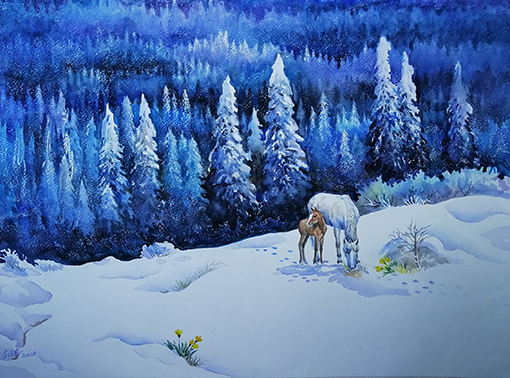李保存水彩画作品《雪域温情》.jpg