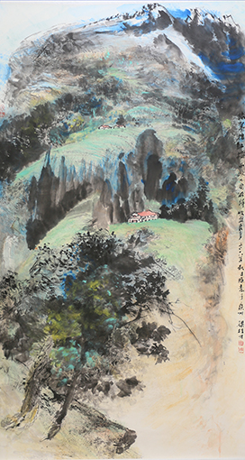 梁桂才作品《绿翠抱红楼》规格：196cmx98cm.jpg