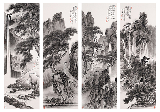 万宝江  作品6《山水四条屏》1、芙蓉峰上筑心禅   2、伏夏消暑近林泉   3、自在观松即是禅   4、听松观瀑近巉岩   尺寸：45cmX136cmX4.jpg