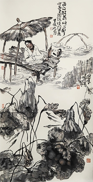 孔晓书作品3《留得枯荷听雨声》国画(纵70ⅹ137cm四尺整宣 2019).jpg