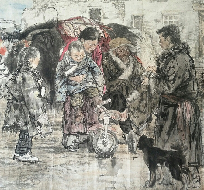 严永明作品4《拍张家照记温馨》200x243cm.jpg