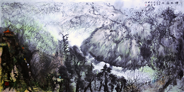 乐城麟作品《禅林过雨》规格：137cmX70cm.JPG