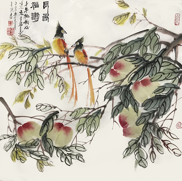 王兴君国画斗方作品《寿桃》规格70cmX70cm.jpg