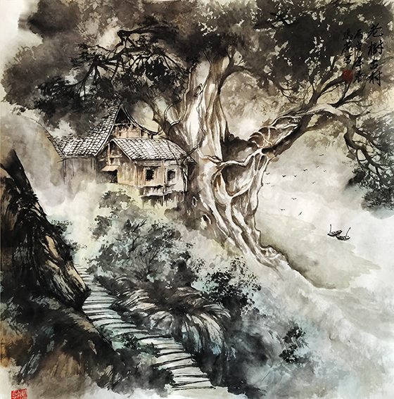 王鸣荣作品 《老树古村》.jpg
