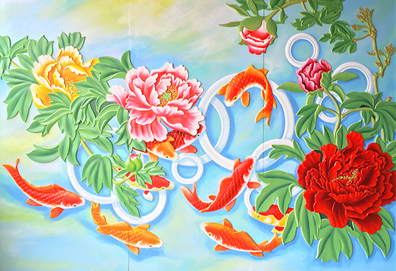 贺新安作品16《浮雕—九鱼牡丹图》280cmx166cm 2016年.jpg