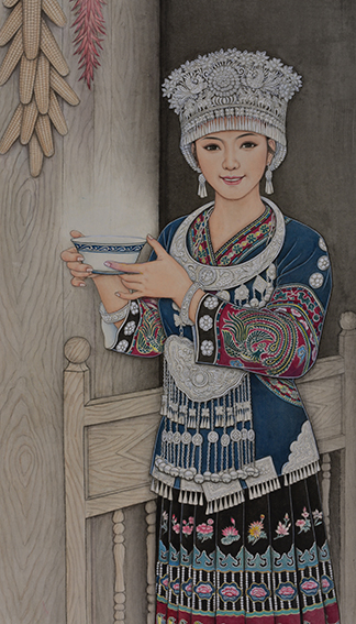 肖耀彩作品1《苗家迎客》108 X 64cm  2013年.JPG