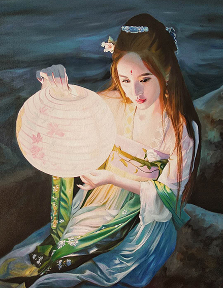 刘洪义作品4 油画《花灯前的少女》60X90cm.jpg