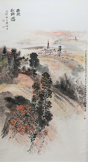 梁桂才作品《西欧秋野图》规格：196cmX98cm.jpg