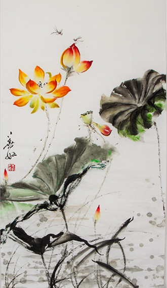王晓燕水墨画作品《荷塘清趣》规格：129cmX69cm 创作于2018年5月.jpg