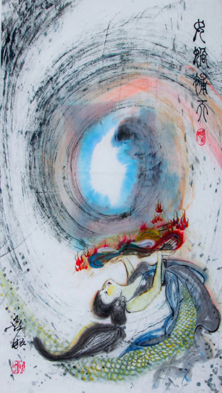 王晓燕水墨画作品《女娲补天》规格：129cmX69cm 创作于2018年9月.jpg