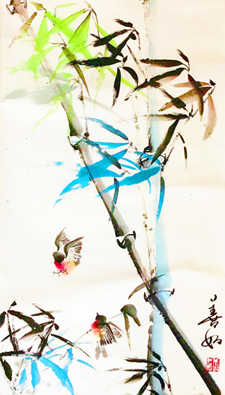 王晓燕水墨画作品《喜雀图》规格：129cmX69cm 创作于2016年12月.jpg