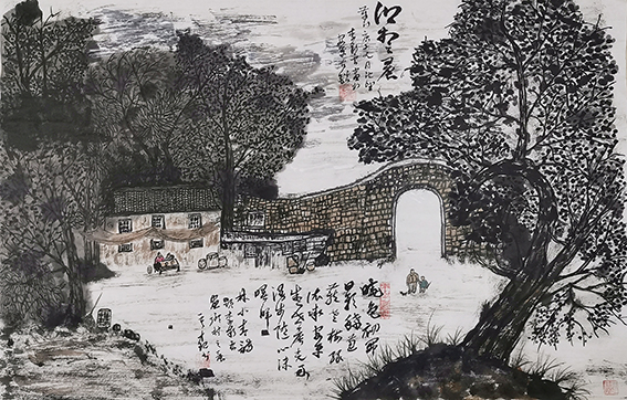 作品4 颜才现题李彩云画《山村之晨》文林小青晓色初开日影稀，葱茏老树绿依微。安平盛世晨光好，漫步随心沐曙晖。2020.11.01.jpg