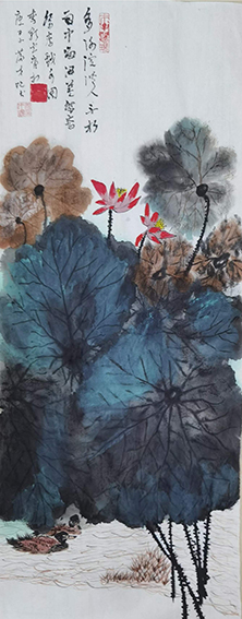 作品2 颜才现题 李彩云画《鸳鸯戏水图》 草书释文：多谢浣溪人不折，雨中留得盖鸳鸯.jpg