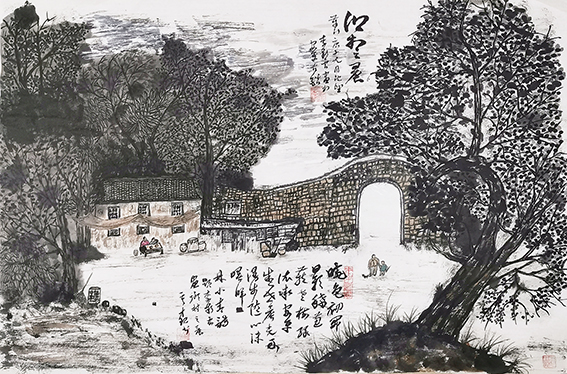 作品8 颜才现题  李彩云画  林小青诗《乡村之晨》  草书释文：晓色初开日影稀，葱茏老树绿依微。安平盛世晨光好，漫步随心沐曙晖。2020.11.01.jpg