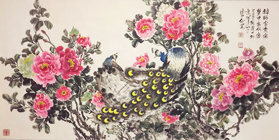 刘凤仙作品《醉卧富贵寓，梦中亦从容。（牡丹孔雀）》.jpg