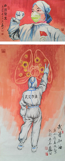 魏振武美术作品 《中国医生》120X80cm 《武汉加油》150X75cm.jpg