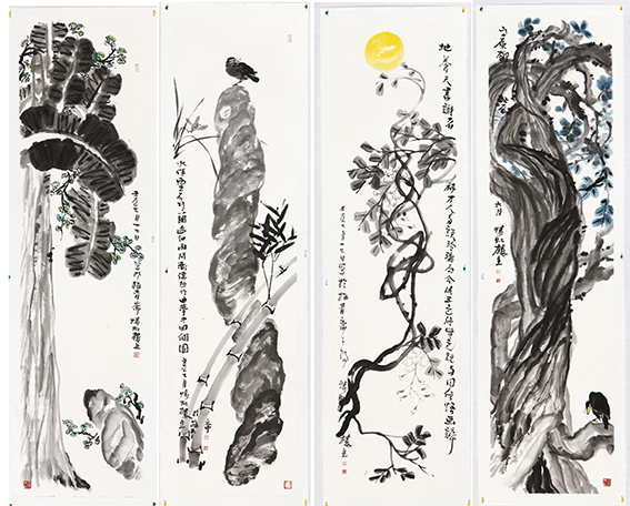 苏凤智作品《西藏左旋柳，地养天书识者稀，梦中扬州个园，焦影临窗》规格：180cm×48cm×4.jpg