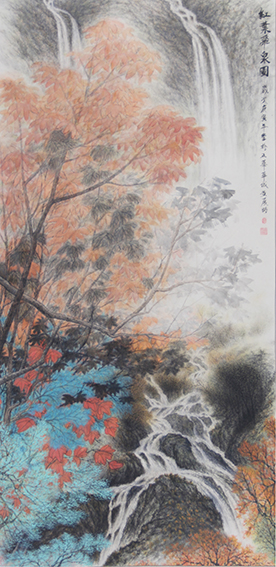黄展时作品 《红叶飞泉图》规格：133cmx67cm.jpg