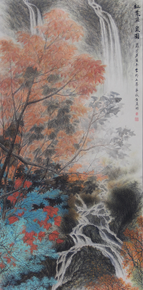 黄展时作品《红叶飞泉图》.jpg