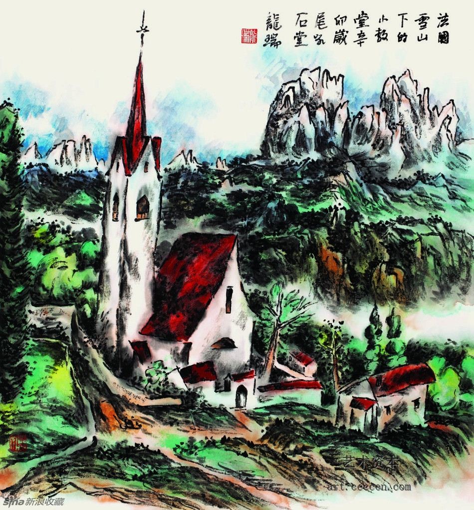 法国雪山下的小教堂47X45cm2011年