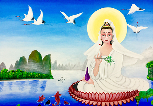 油画《桂林山水白衣观音像》168X118cm