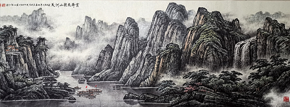 左光生作品《云舞泉歌山河美》规格：244㎝x108㎝