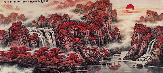 左光生作品《日出东升映山红》规格：180㎝x97㎝