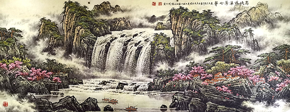 左光生作品《高峡飞瀑荡心声》规格：280㎝x108㎝