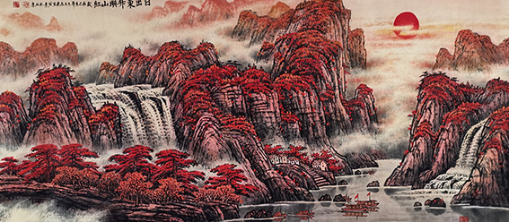 左光生作品《日出东升映山红》规格：180㎝x97㎝