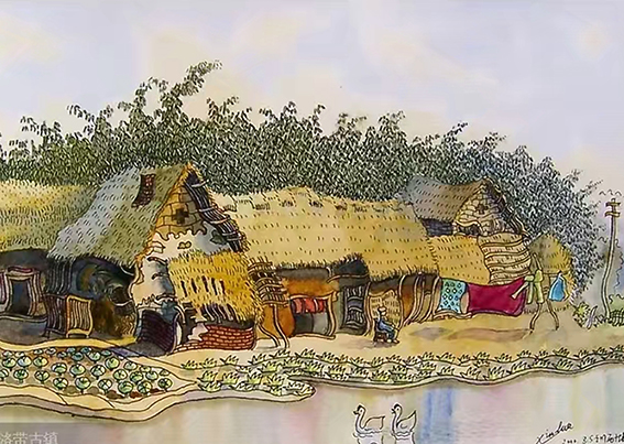 徐新华作品客家民居，钢笔水彩，60Ⅹ40cm