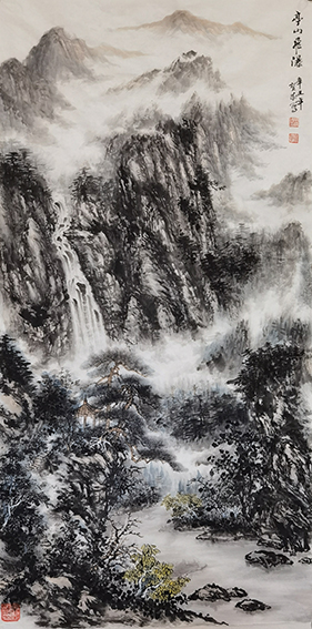 胡宝成作品《亭山飞瀑》