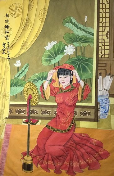 李智泉作品《对镜理红妆》