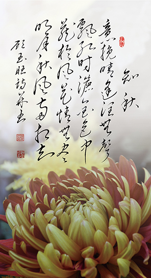 顾玉旺作品《知秋》释文：意挽晴逢润无声，飘红时洒金色中。藏于风花情无尽，明月秋风两相知。