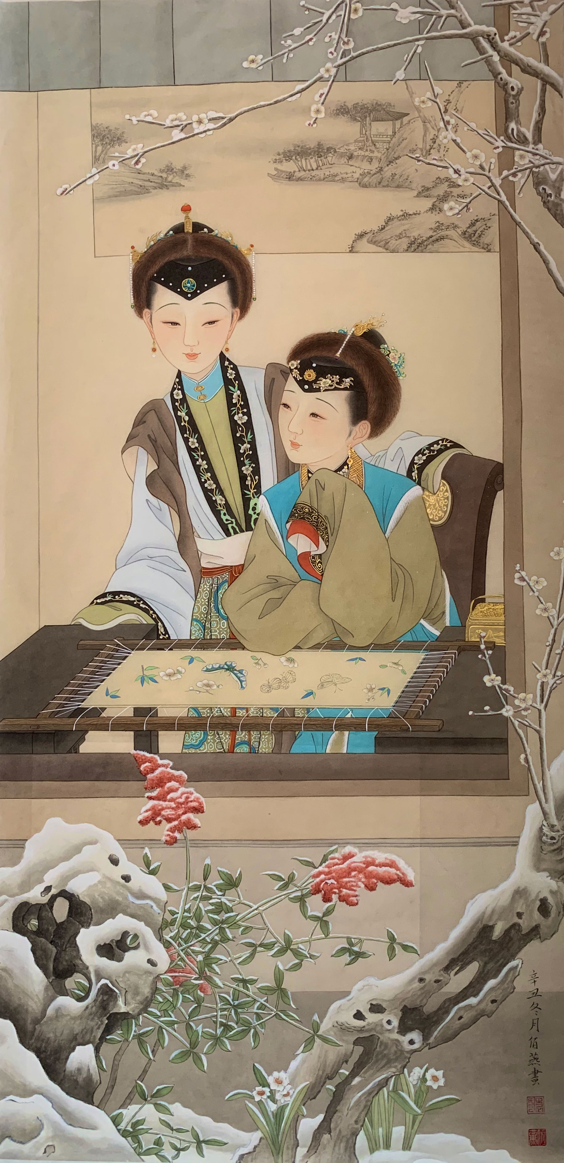 二娇赏雪图51×104