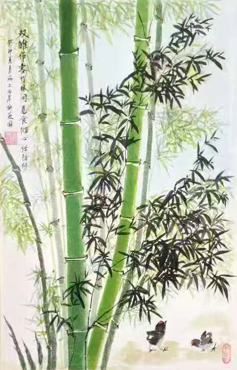 施燕作品《双雏作客竹林间》